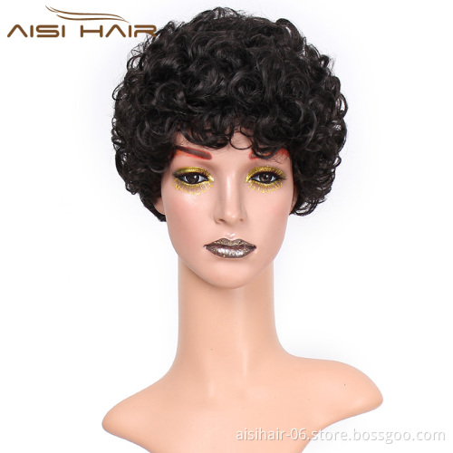 Aisi Hair Wholesale Afro Synthetic Wigs For Black Women Black Short Curly Cut Wig With Bangs Heat Resistant Fiber